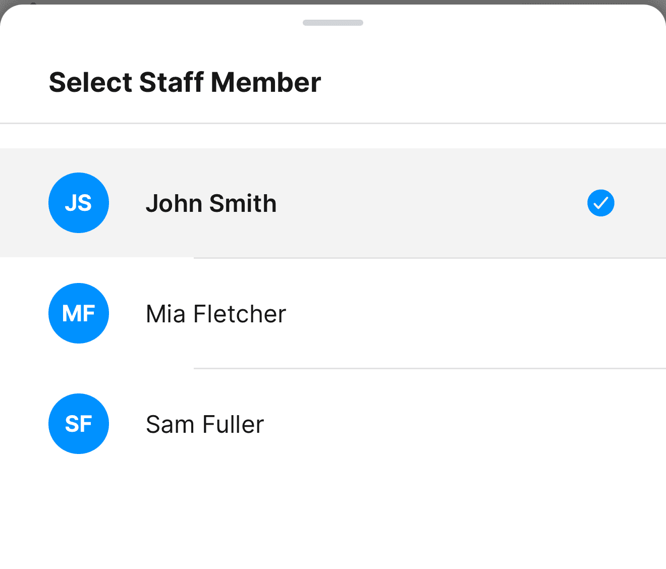 The Select Staff Member sheet listing the team, with no option to show every staff member at once