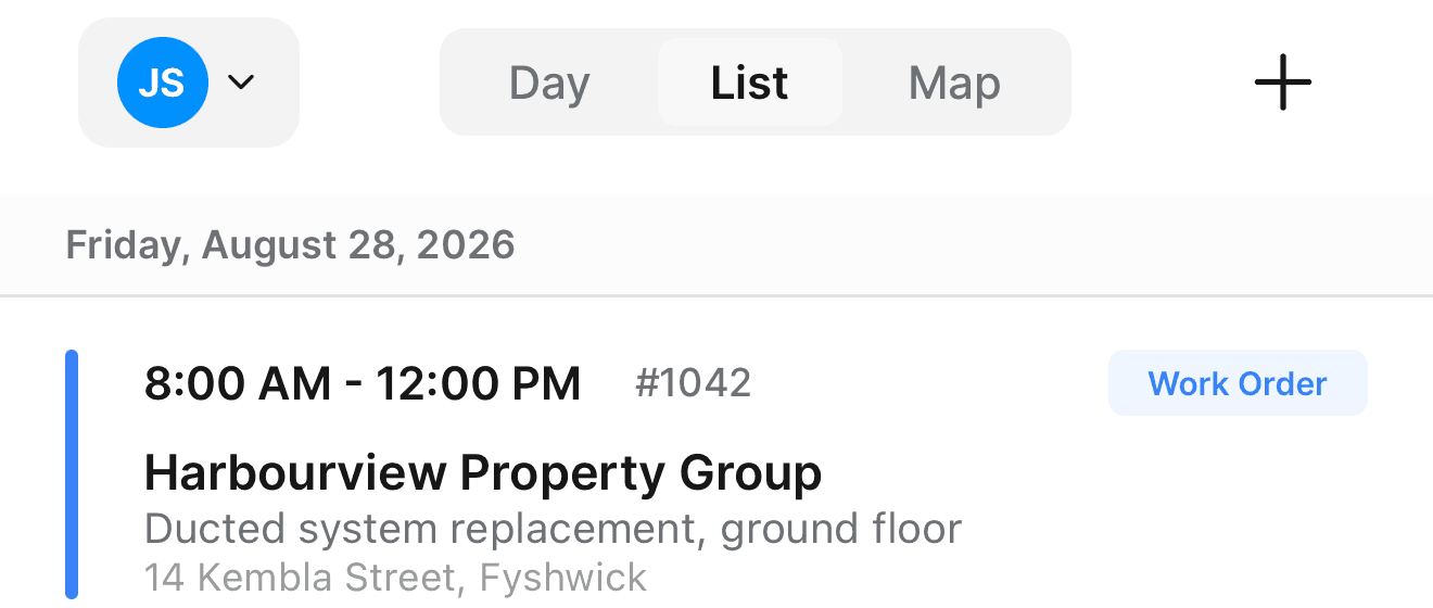 The top of the mobile Schedule, showing the staff button, the Day, List and Map selector and the add button