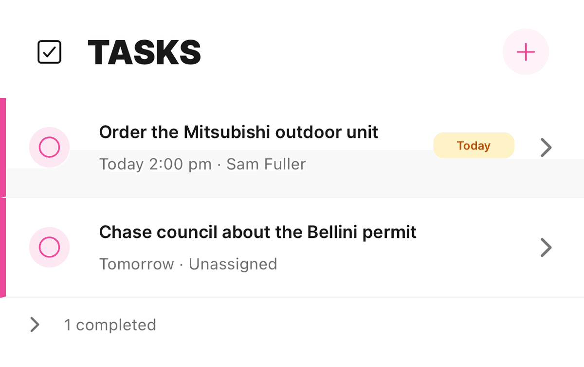 The Tasks section on a job, with two open tasks and a 1 completed line below them