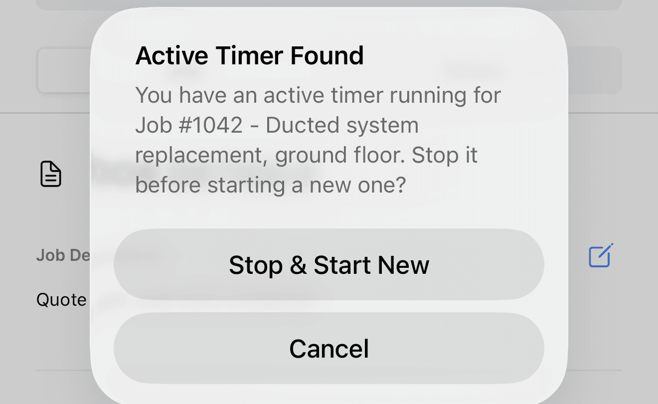 The Active Timer Found alert, naming the job with the running timer and offering Stop and Start New