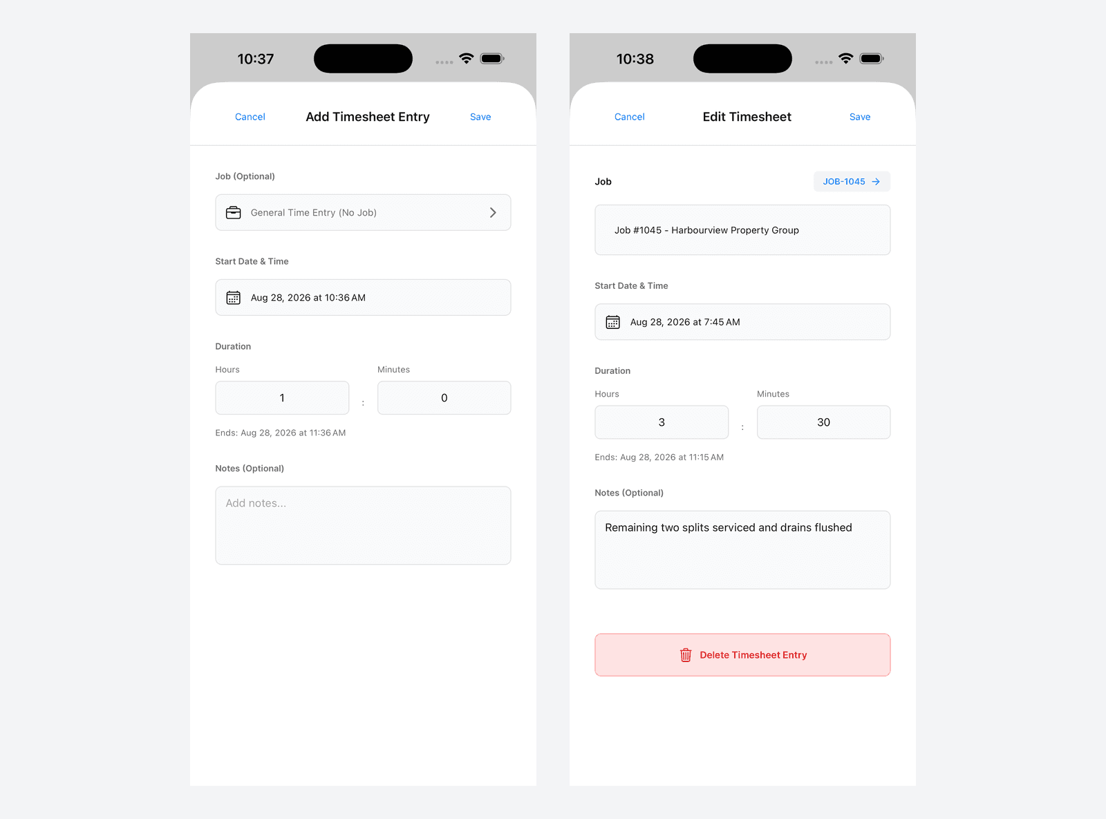 Add Timesheet Entry with an empty form, beside Edit Timesheet for a saved entry showing the Delete Timesheet Entry button