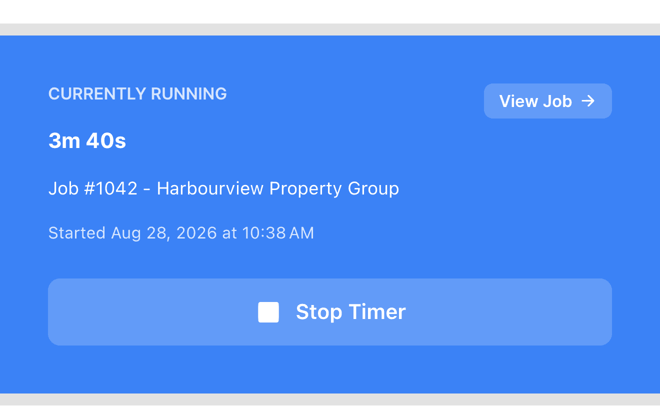 The blue CURRENTLY RUNNING panel on the Timesheet tab, showing elapsed time, the job and the Stop Timer button