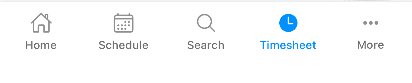 The mobile app bottom navigation bar with the Timesheet tab selected