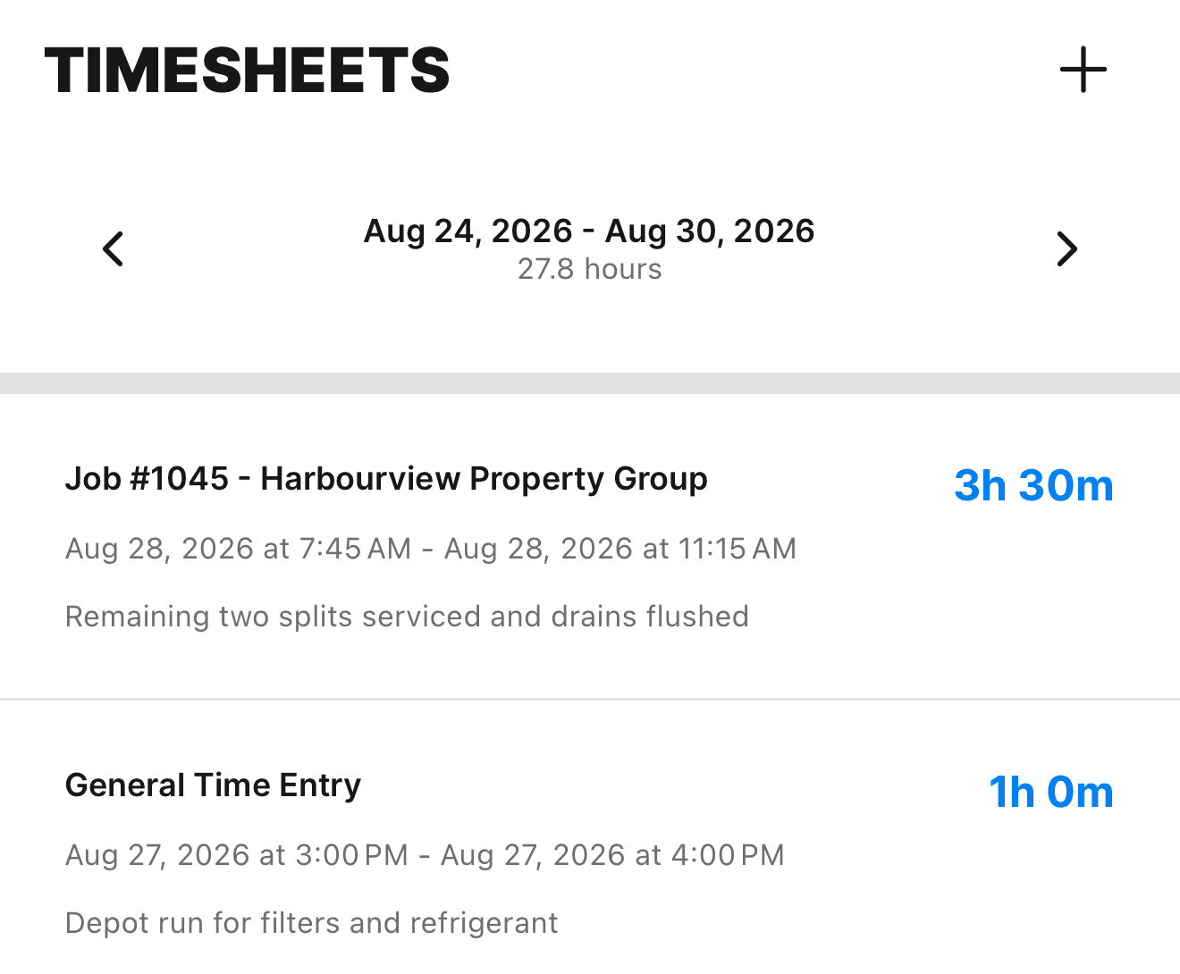 The mobile Timesheet tab showing the week navigator with the weekly total, and time entries beneath it