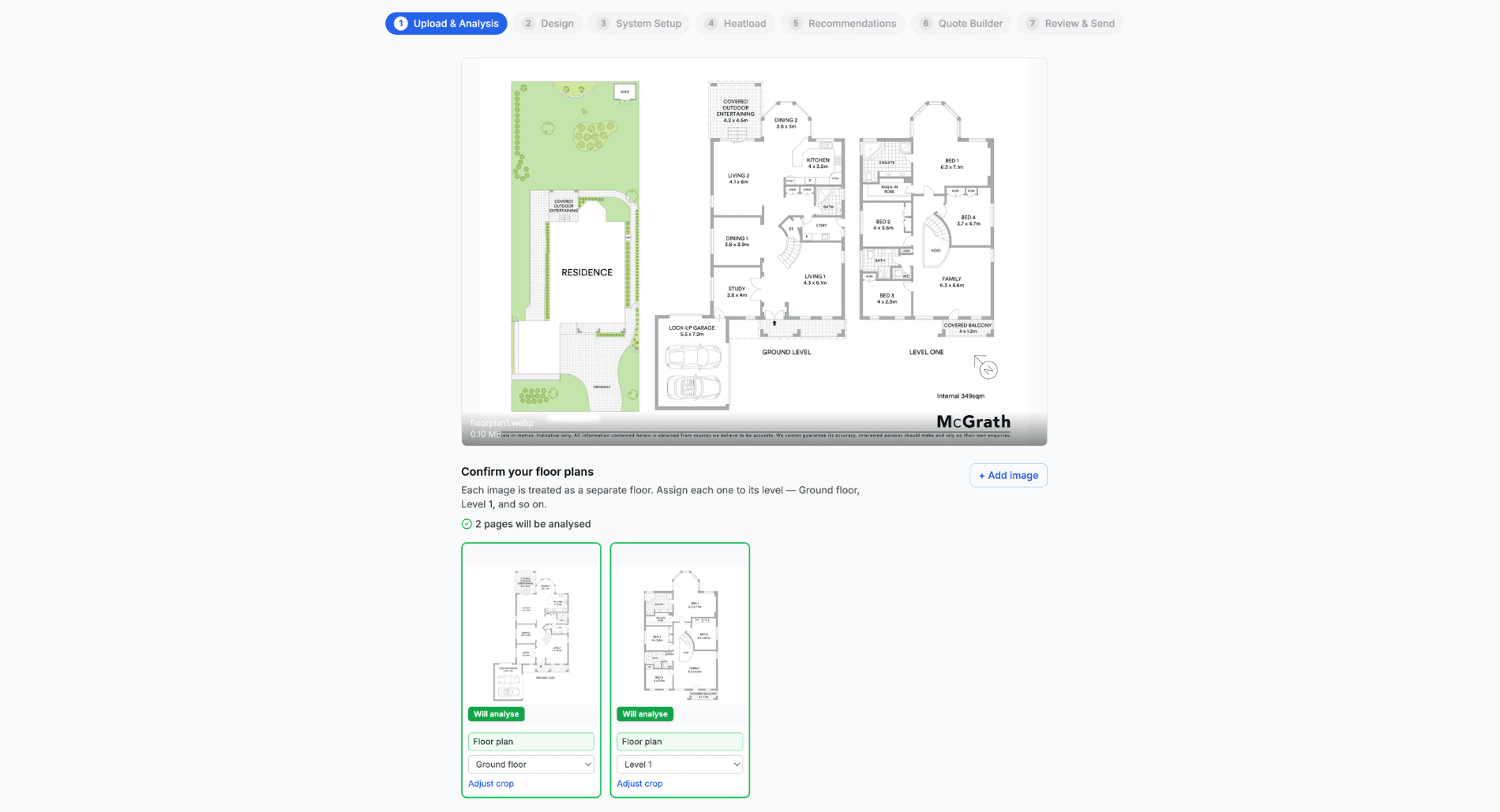 Page Picker showing two floor plans detected from one upload, each tagged Will analyse with a level dropdown and an Adjust crop link