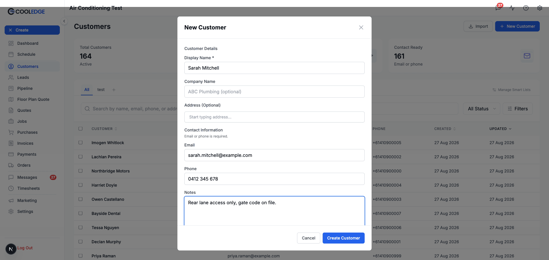 The New Customer form filled in, showing the Contact Information and Notes fields