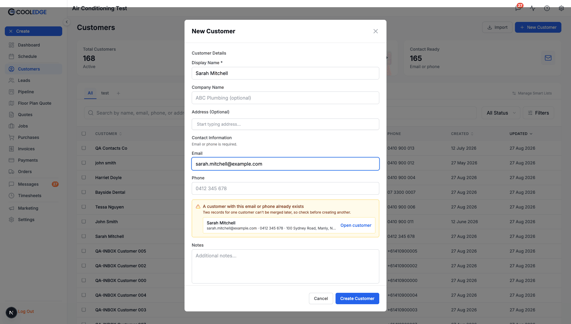 The New Customer form warning that Sarah Mitchell already has this email, with an Open customer link
