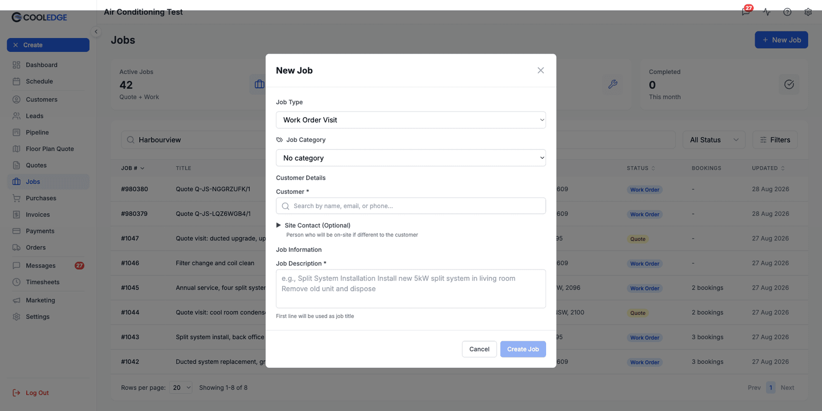 The New Job modal, with Job Type, Job Category, Customer search and Job Description