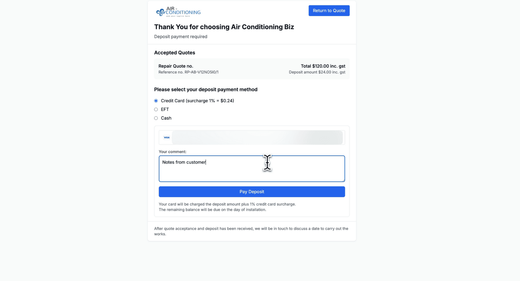 Paying a deposit