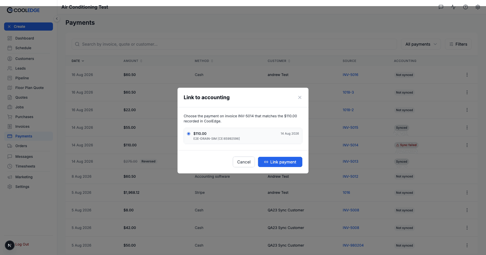 The link to accounting dialog listing the payments found on the invoice at the provider, with one selected and a Link payment button