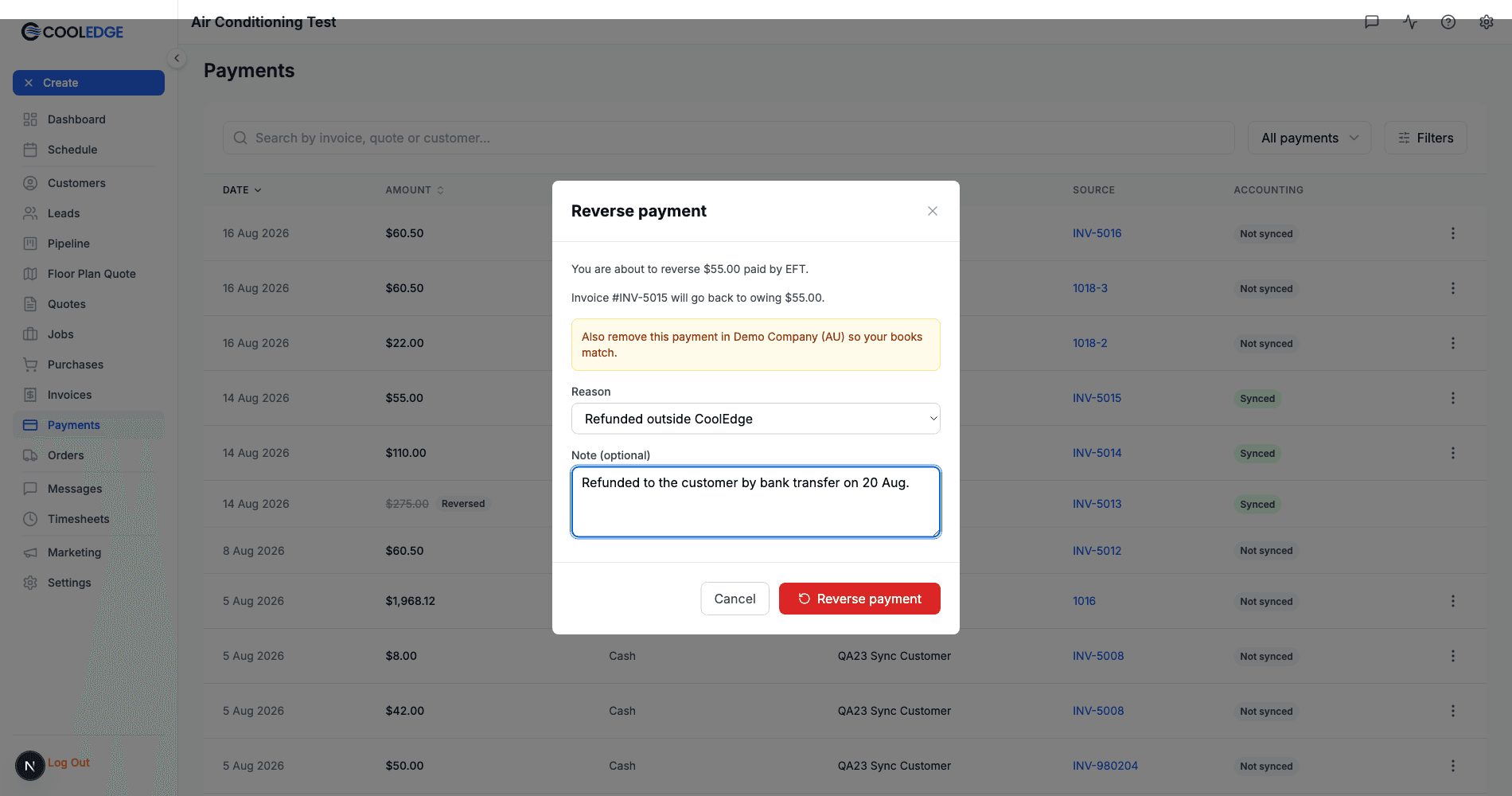 The reverse payment dialog showing the amount, the invoice it will return to owing, a warning to remove the payment in the connected Xero organisation, a reason picker and an optional note