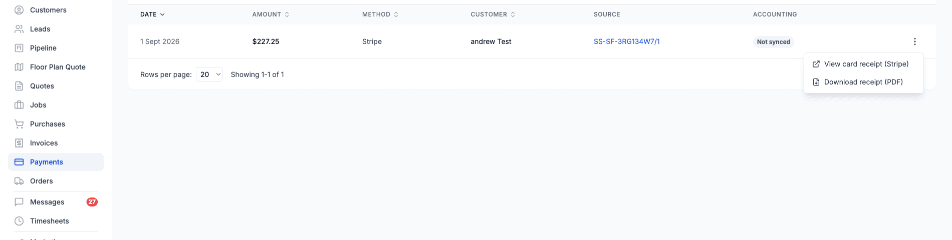 The Payments page row menu showing View card receipt (Stripe) and Download receipt (PDF)