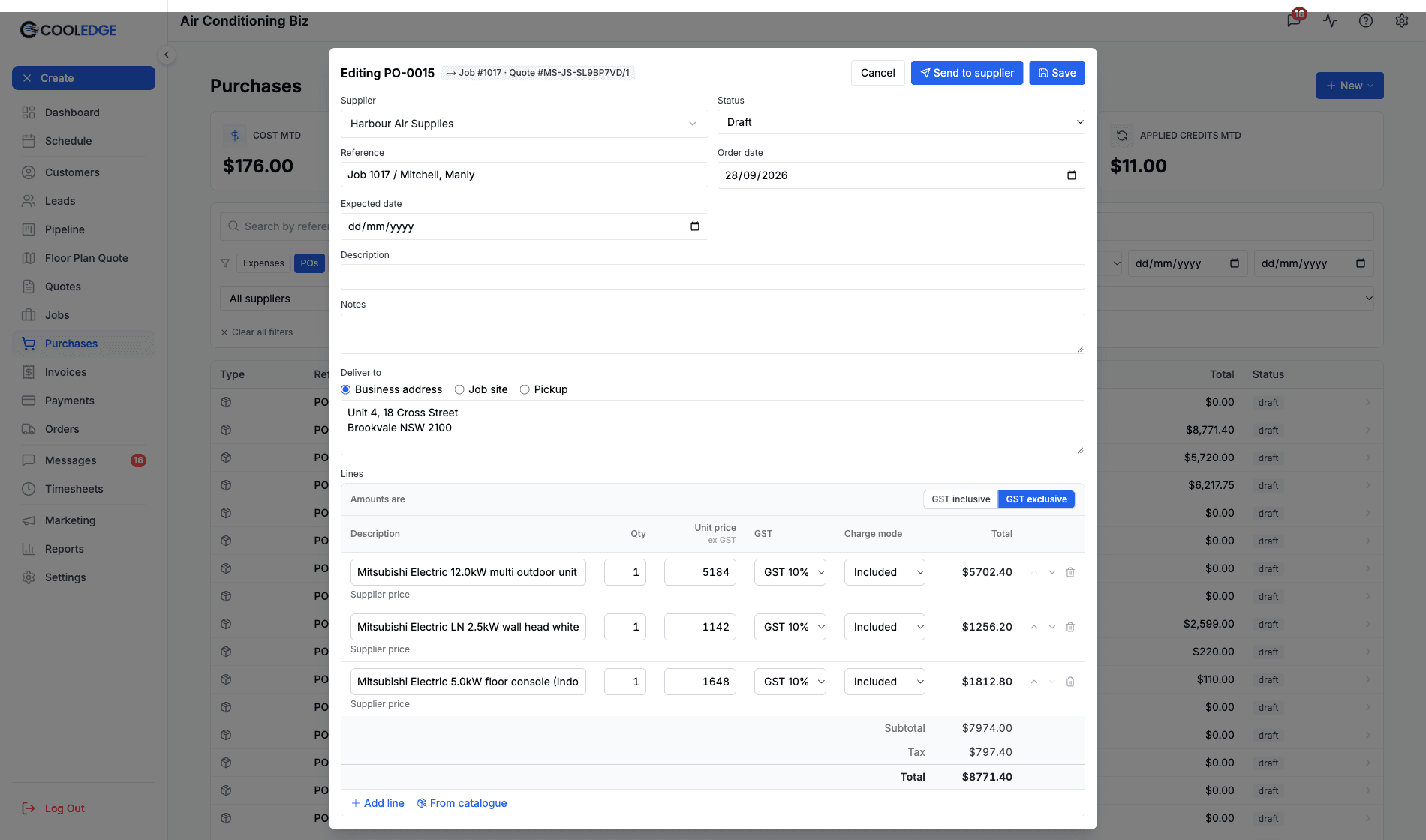 A purchase order with three lines priced from the supplier's pricebook, each captioned Supplier price