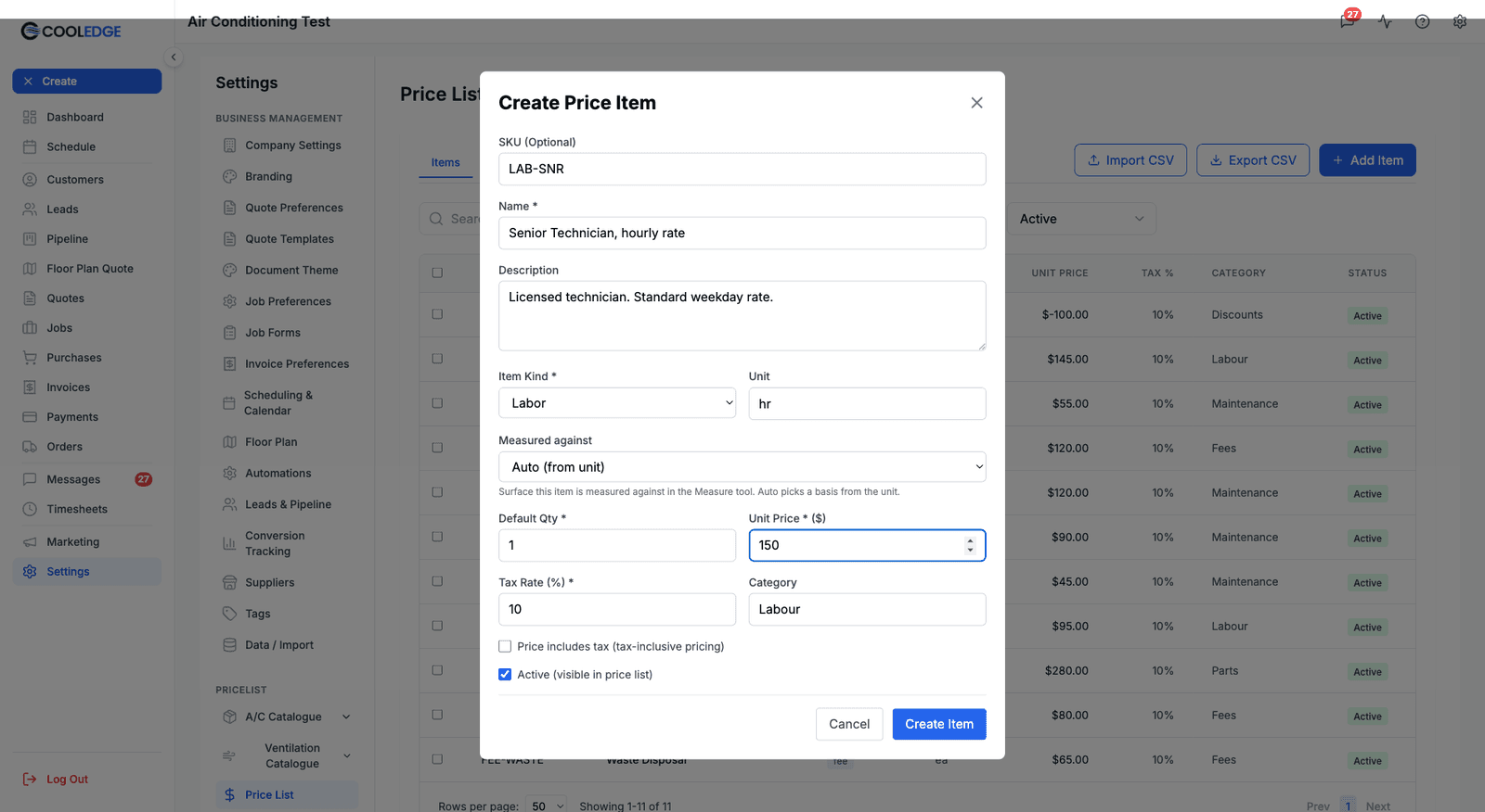 The Create Price Item modal, showing the SKU, Name, Description, Item Kind, Unit, Measured against, Default Qty, Unit Price, Tax Rate and Category fields with the tax-inclusive and Active checkboxes