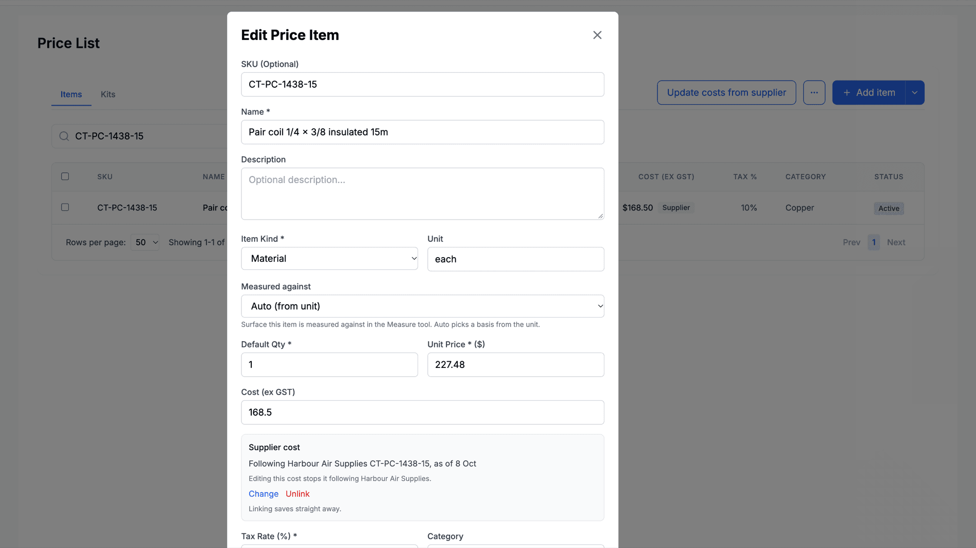 The Edit Price Item modal with Cost (ex GST) and the Supplier cost section following a supplier item, with Change and Unlink