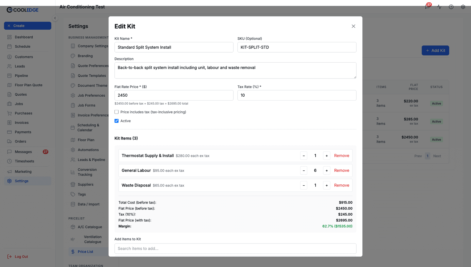 The Edit Kit modal, showing the Kit Name, SKU, Description, Flat Rate Price and Tax Rate fields above the kit item list