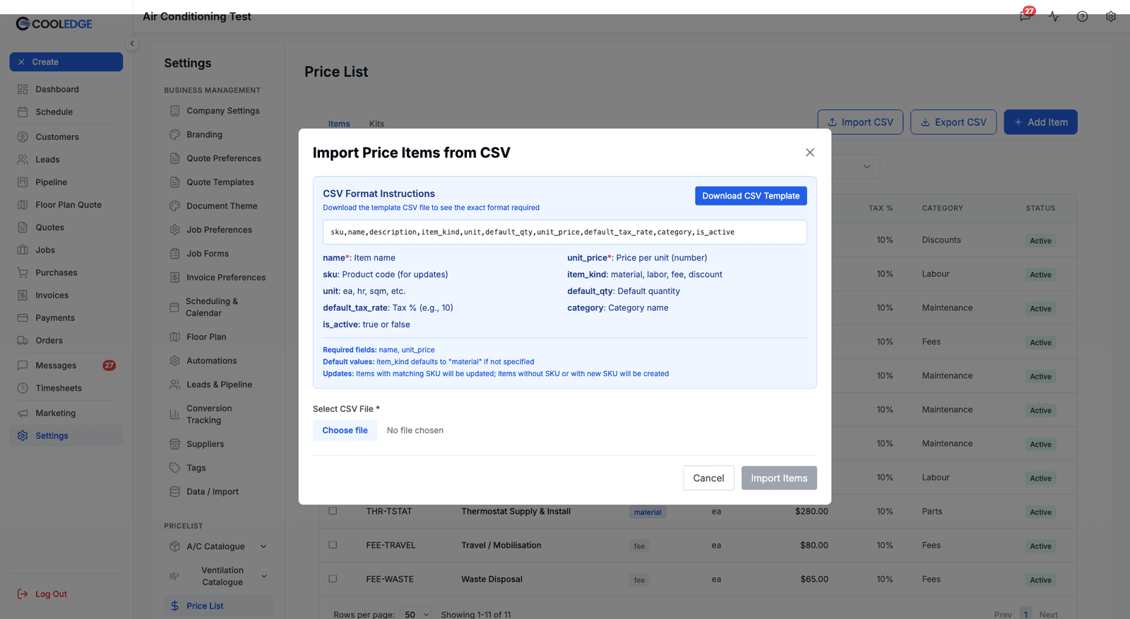The Import Price Items from CSV modal, showing the CSV format instructions, the expected header row, the Download CSV Template button and the file picker