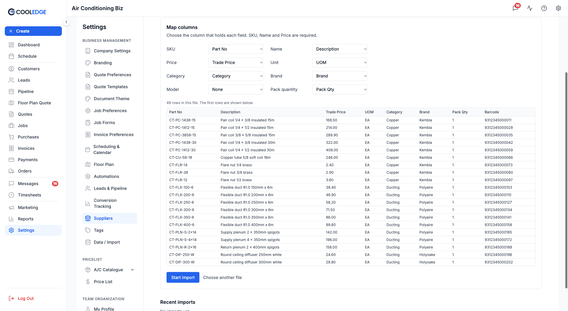 Map columns with the file's headers matched to each field and a preview of the first rows