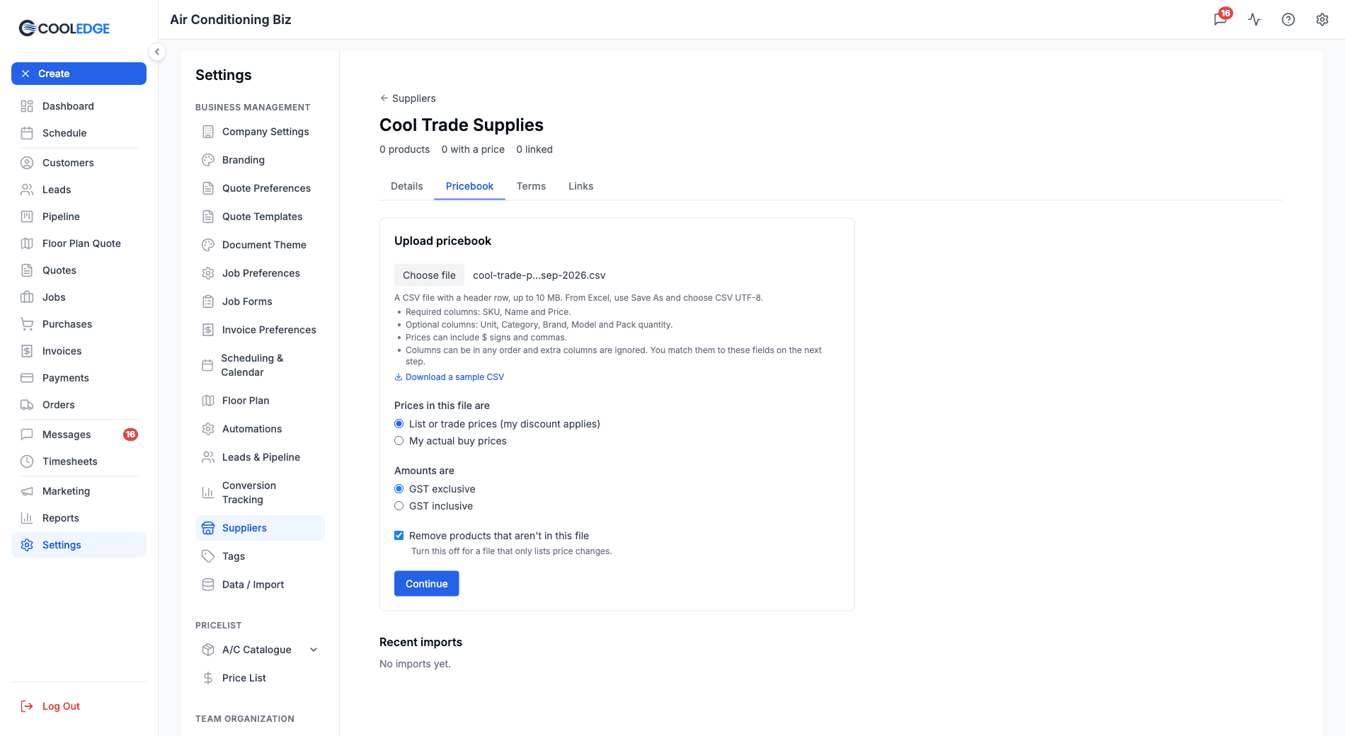 The Pricebook tab's upload step with the file guidance, both price choices and the remove option
