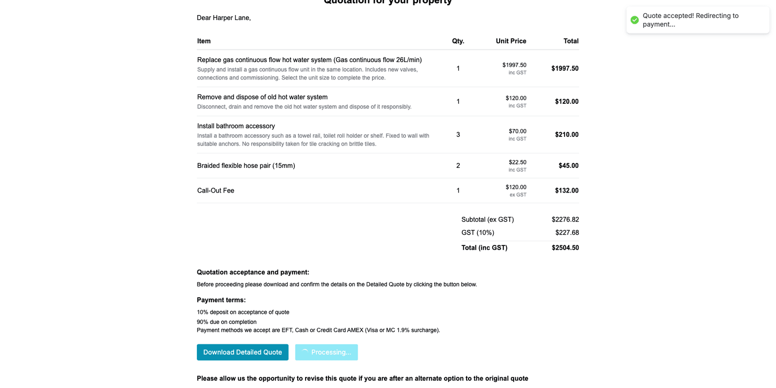 Online quote link where the customer accepts the quote and pays a deposit