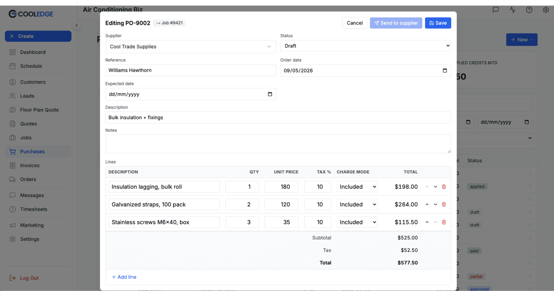 Purchase order editor showing supplier picker, line items, notes and totals