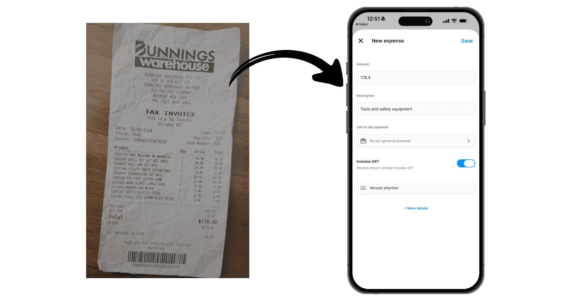 Quick Expense screen on mobile showing a snapped Bunnings receipt being read by the AI