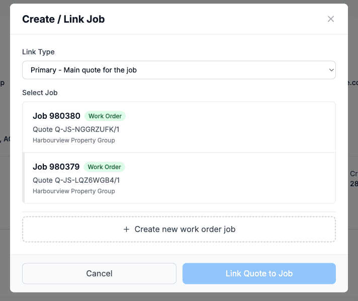 The Create / Link Job modal, with a Link Type dropdown, a list of jobs to choose from and a Create new work order job option