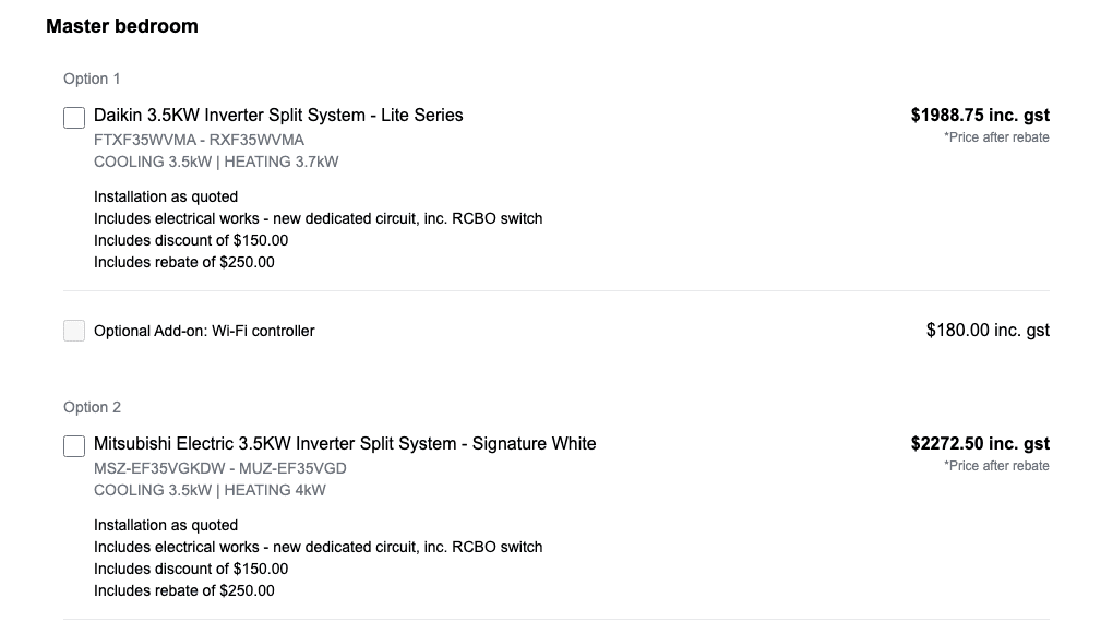 A customer's online quote showing the discount line, the rebate line and the Price after rebate note