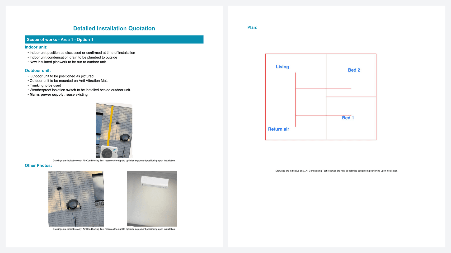 Two pages of a quote PDF side by side. The left page has an Other Photos block with two photos in one row and a single disclaimer under the pair. The right page has a Plan heading with the drawing printed full width and its own disclaimer