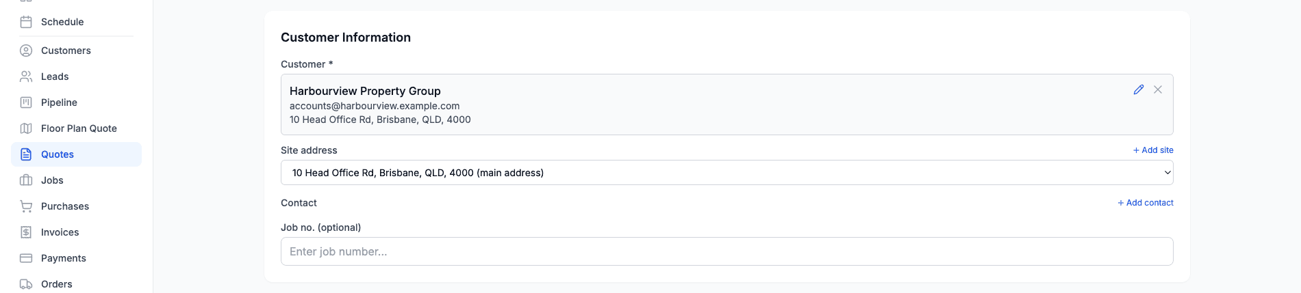 The Site address picker on a new quote, preset to the customer's main address