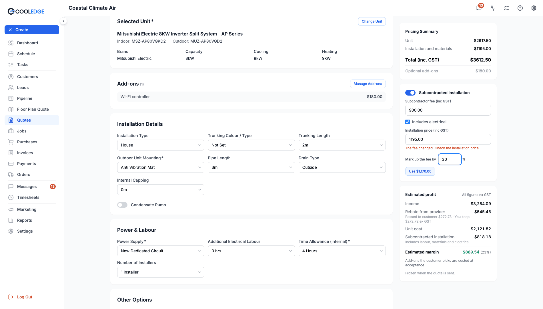 The Subcontracted installation card with a fee of 900.00, Includes electrical ticked, the installation price, the fee changed warning and a 30% mark-up offering Use $1,170.00, above the Estimated profit block