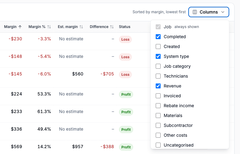 The Columns picker with a checkbox for each column and Job always shown