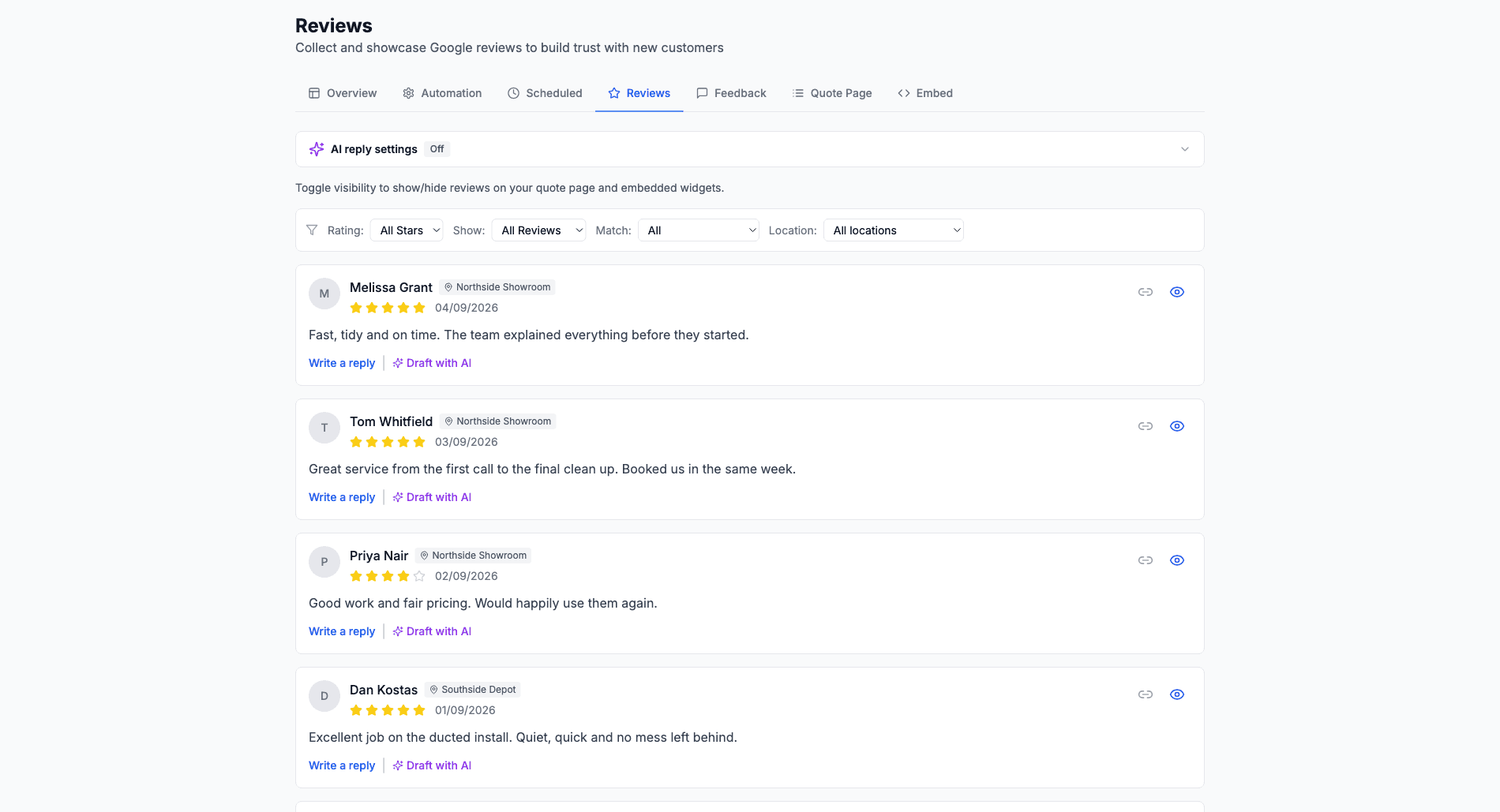 Location filter and pills on the Reviews tab