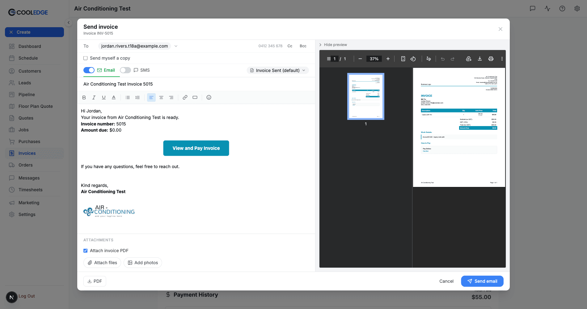 The Cooledge send screen showing an invoice with the recipient, email and SMS options, the message body and attachments, next to a preview of the PDF