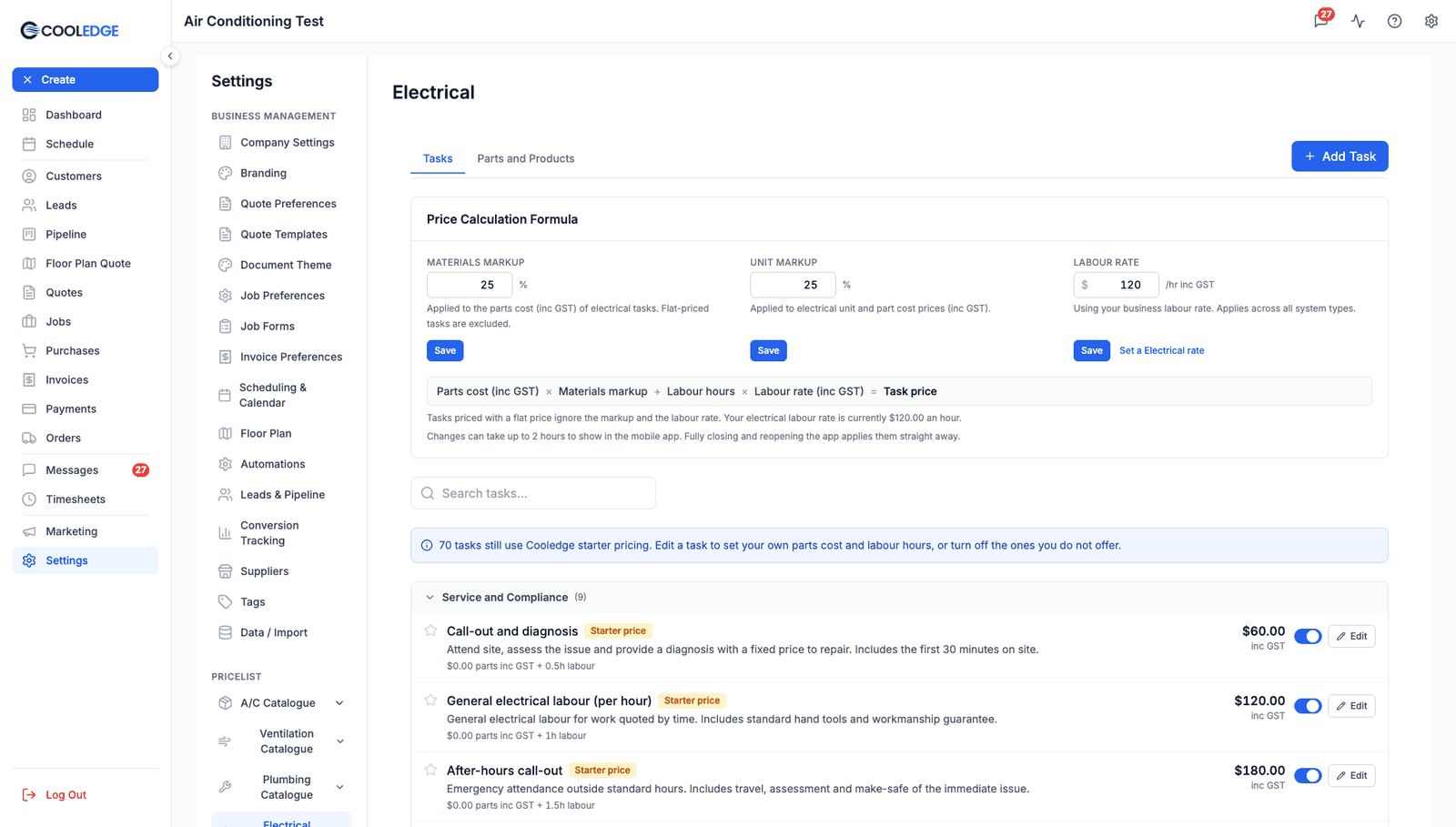 The Electrical Tasks page with categories starting at Service and Compliance