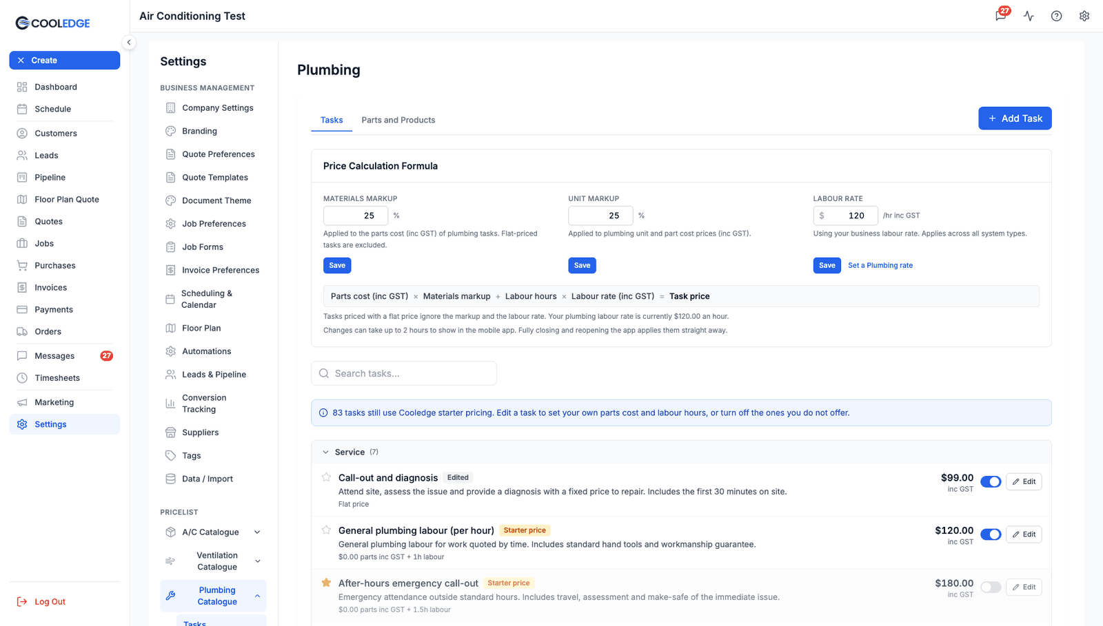 Plumbing task settings showing categories, task pricing and Starter price badges