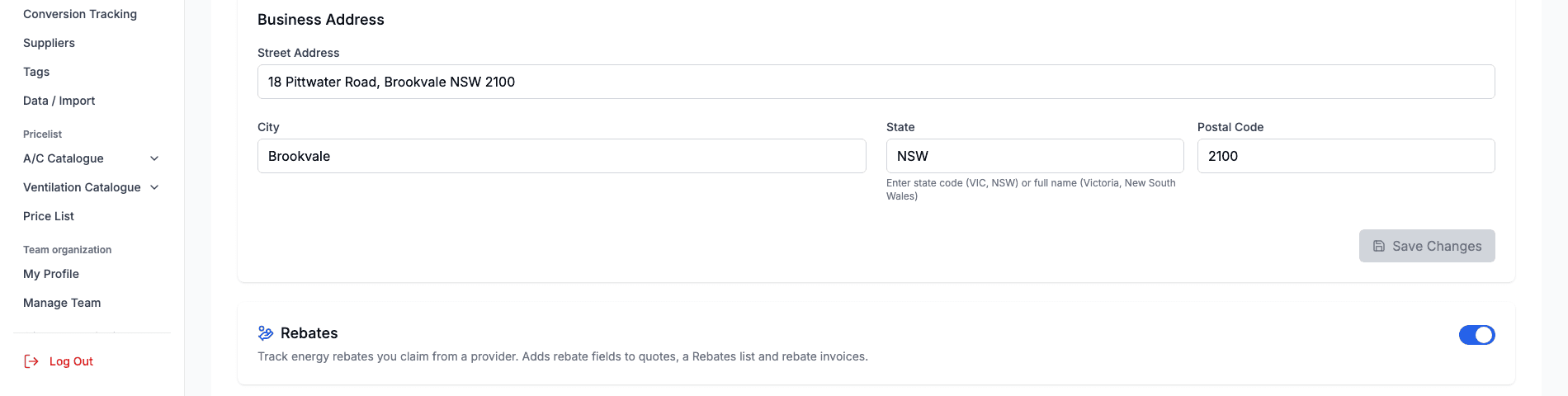 The Rebates card in Company Settings with its on and off switch