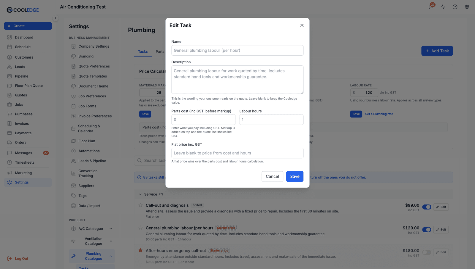 The Edit Task modal with name, description, parts cost, labour hours and flat price fields