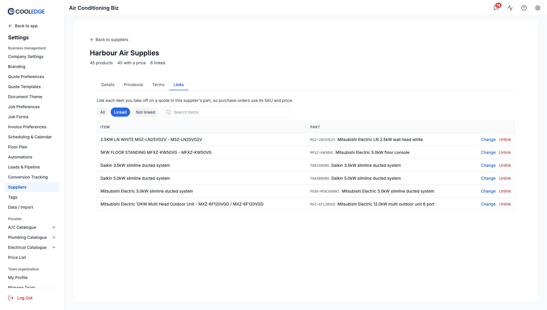 Links tab for a supplier showing linked items, including a unit listed under its own name