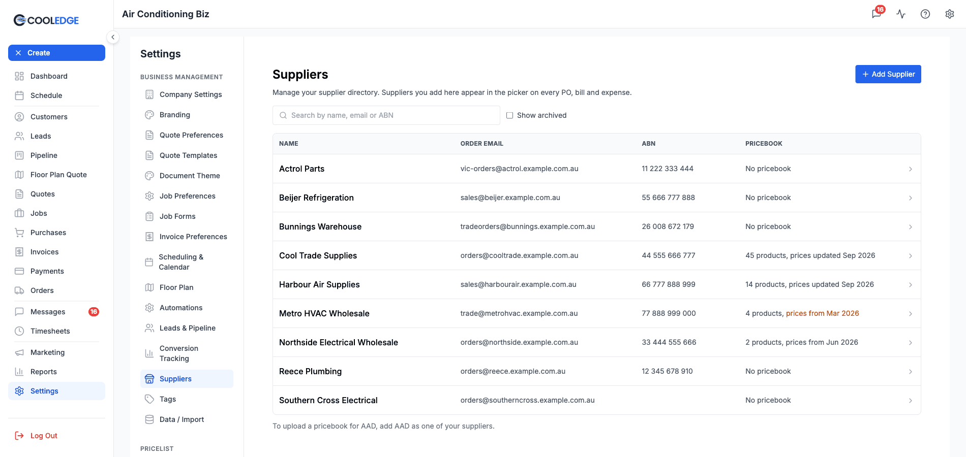 Suppliers list with the Pricebook column showing No pricebook, prices updated Sep 2026 and prices from Mar 2026 in amber