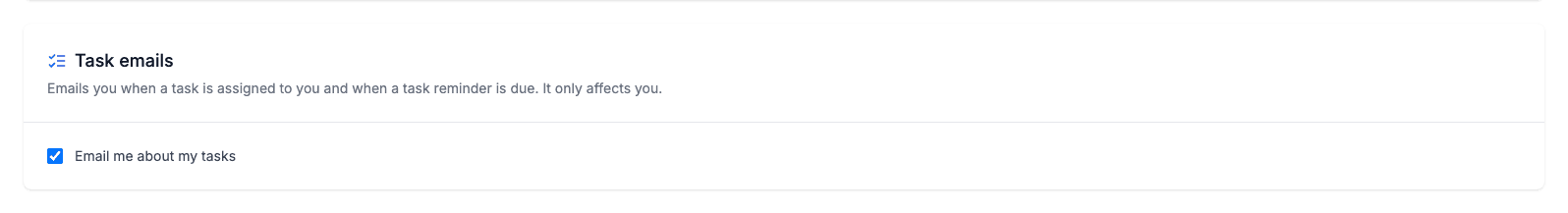 The Task emails card on My Profile with the Email me about my tasks box ticked