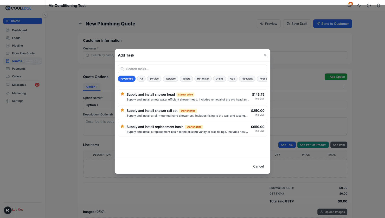 The Favourites pill filtering the task picker down to starred tasks