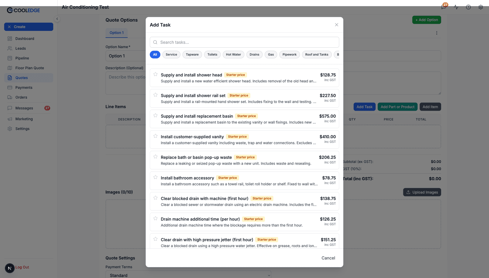 Plumbing task picker with search, category filters and priced flat rate tasks