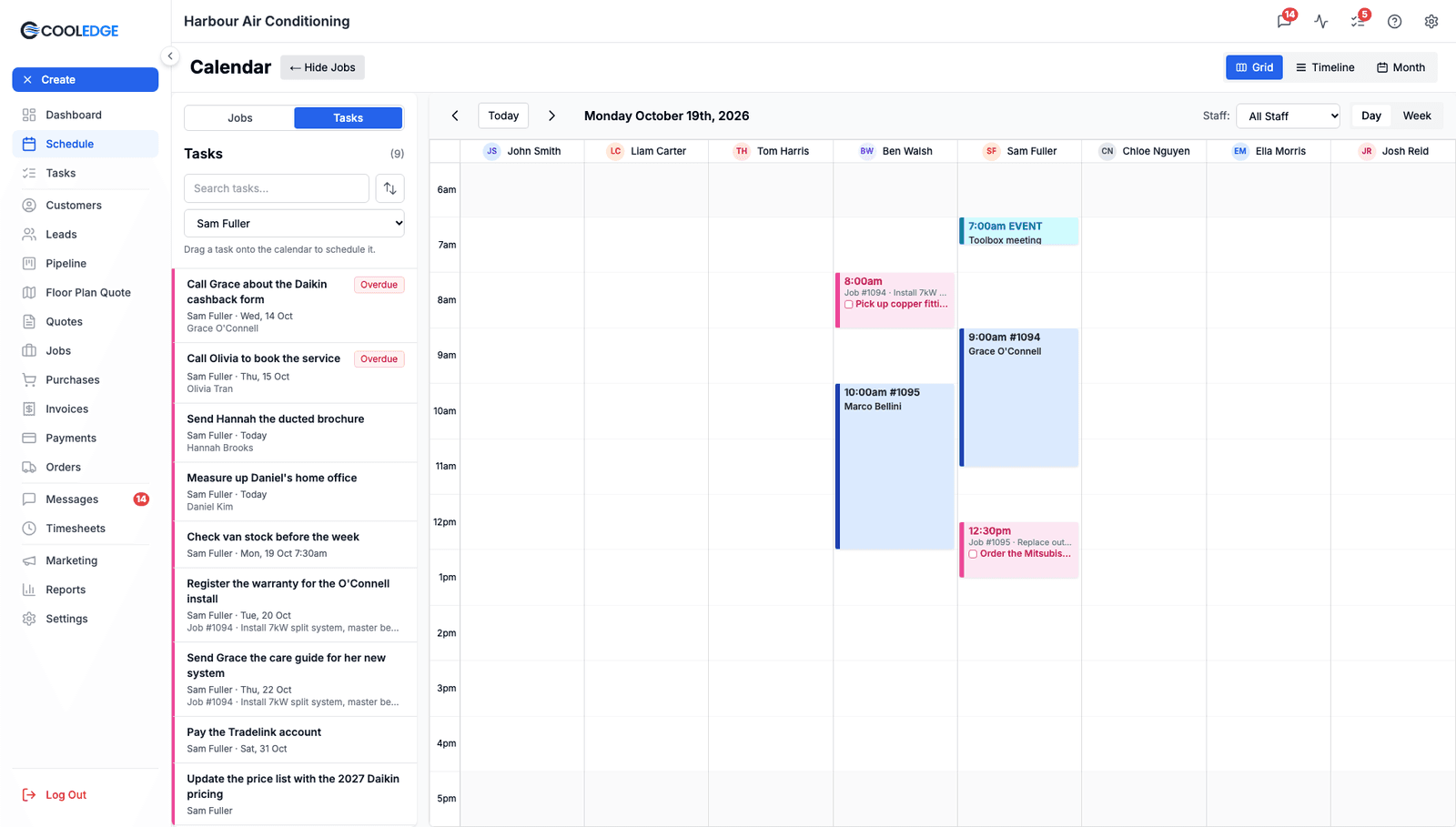 The calendar in Grid day view for Monday 19 October with the Tasks sidebar filtered to Sam Fuller, pink task blocks for Ben Walsh and Sam Fuller, a cyan 7:00am Event for a toolbox meeting and blue job bookings