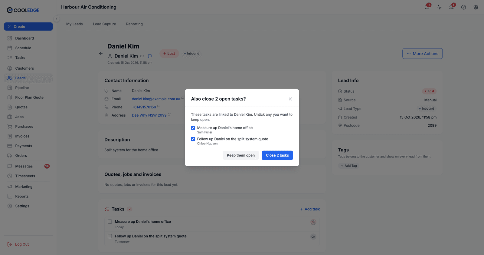 Lead Daniel Kim marked Lost with the Also close 2 open tasks? window open, both tasks ticked and the Keep them open and Close 2 tasks buttons