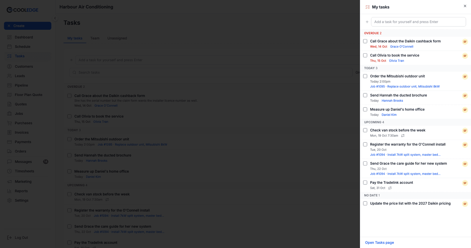 The My tasks panel open on the right of the screen, with the quick add box, two overdue tasks in red, three tasks due today, four upcoming tasks, one with no date and the Open Tasks page link at the bottom