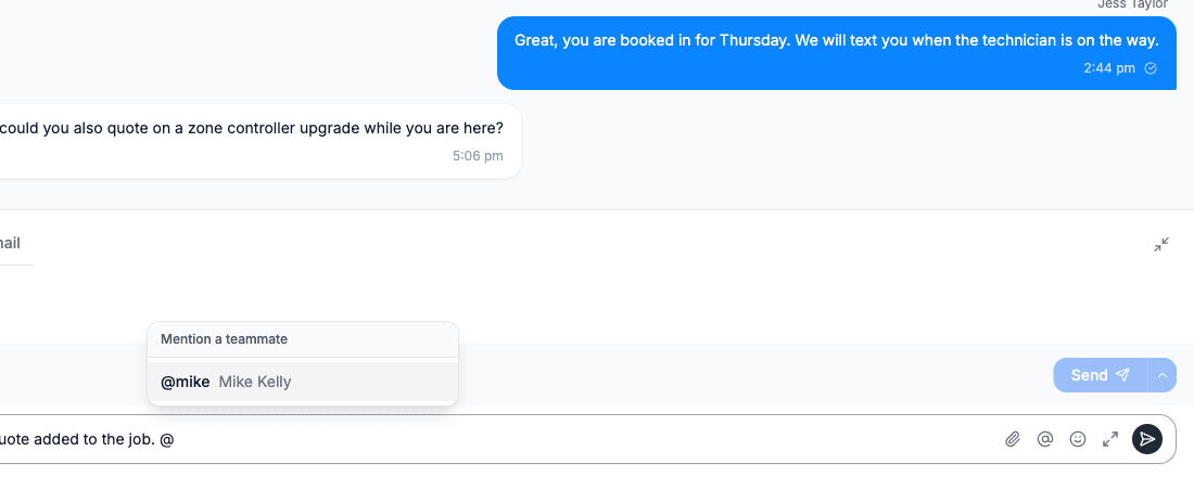 The internal comment bar in a Cooledge conversation with the Mention a teammate picker open on Mike Kelly