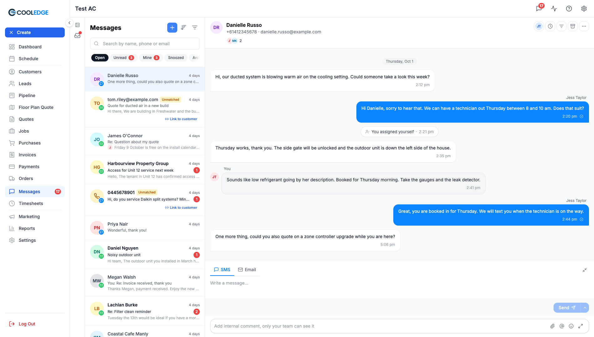 The Cooledge Messages inbox with the Open, Unread, Mine and Snoozed views, a list of conversations with Unmatched badges and an open thread showing an internal comment and a You assigned yourself marker