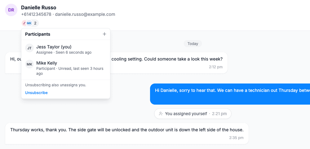 The Participants popover, listing the assignee as seen and a participant as unread, with the add button and Unsubscribe at the bottom
