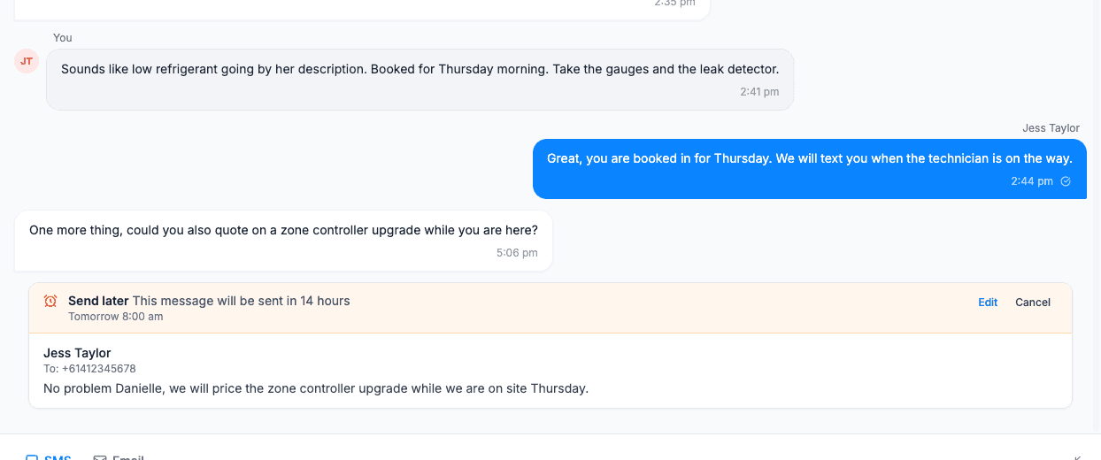 A Send later card at the end of a Cooledge conversation showing the message will be sent in 14 hours, tomorrow at 8:00 am, with Edit and Cancel